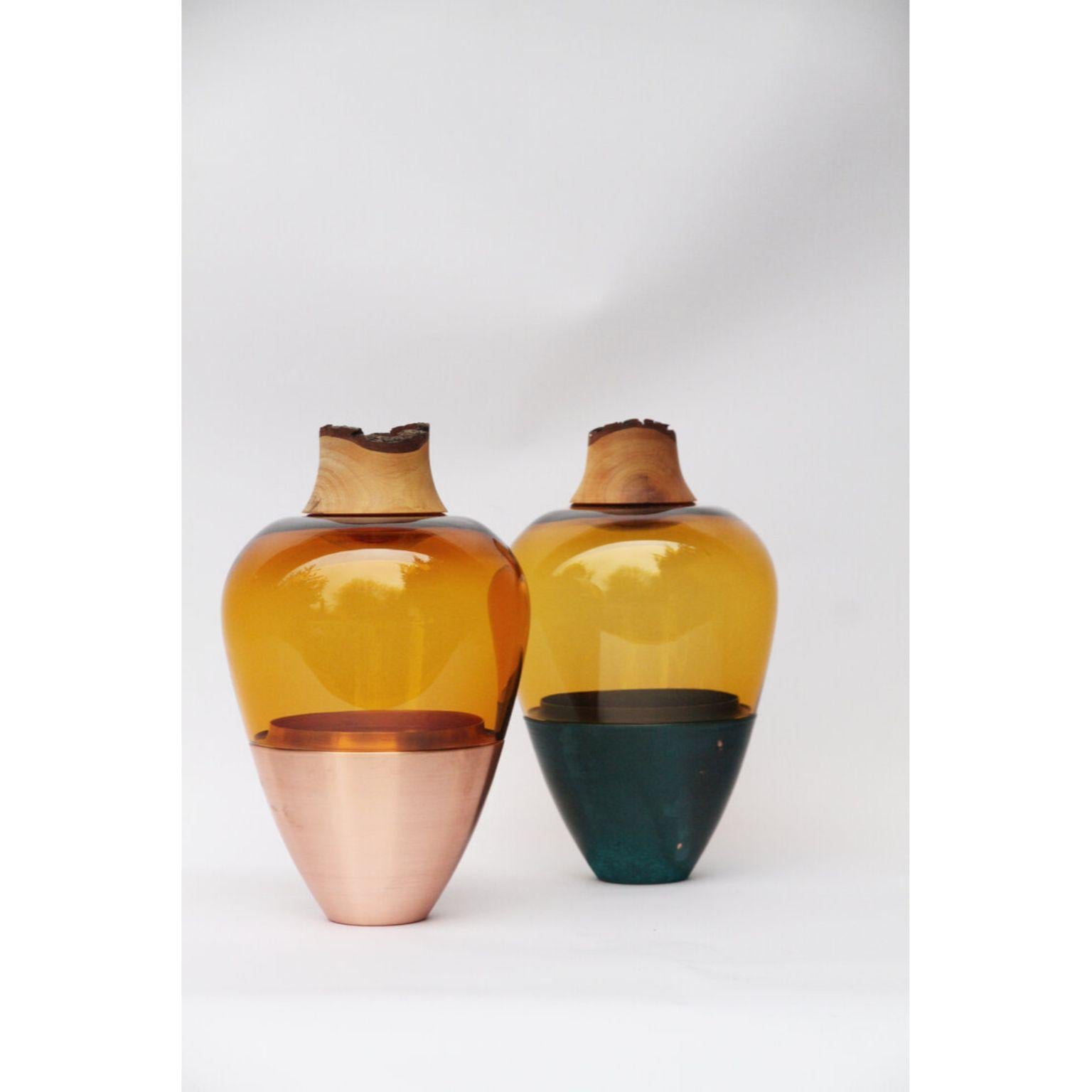 Contemporary Amber and Brass Sculpted Blown Glass, Pia Wüstenberg