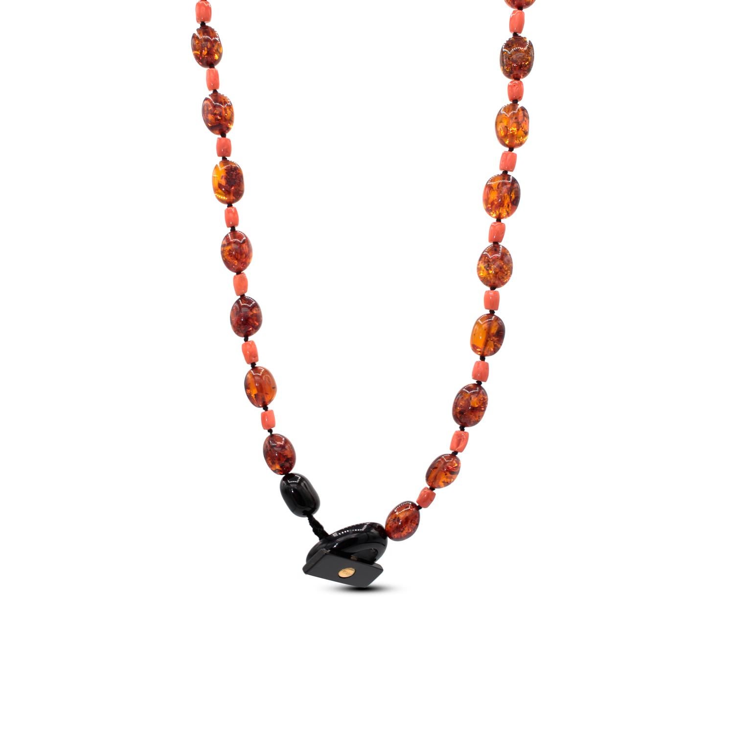 Artisan Amber and Coral Multi-strand Necklace For Sale