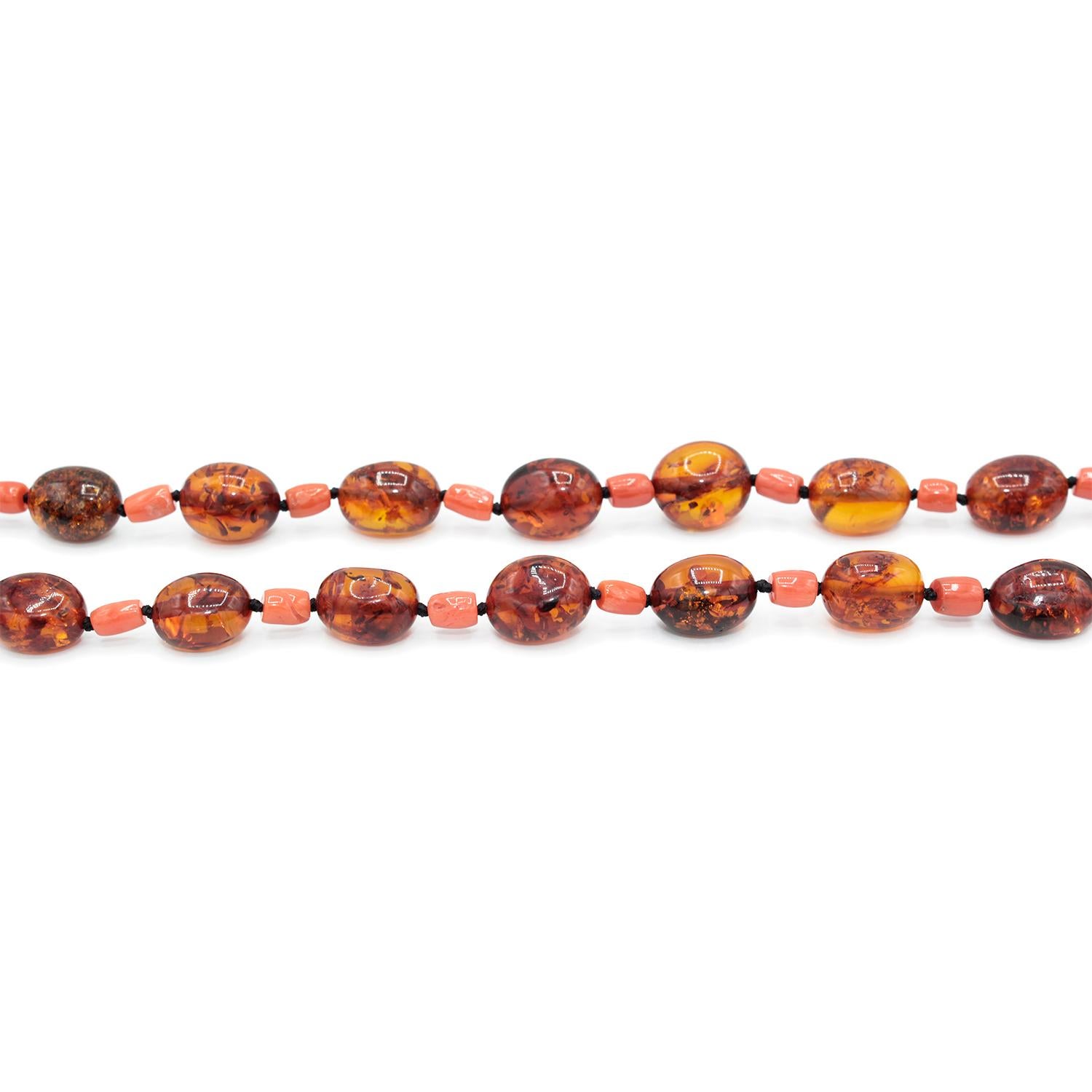 Mixed Cut Amber and Coral Multi-strand Necklace For Sale