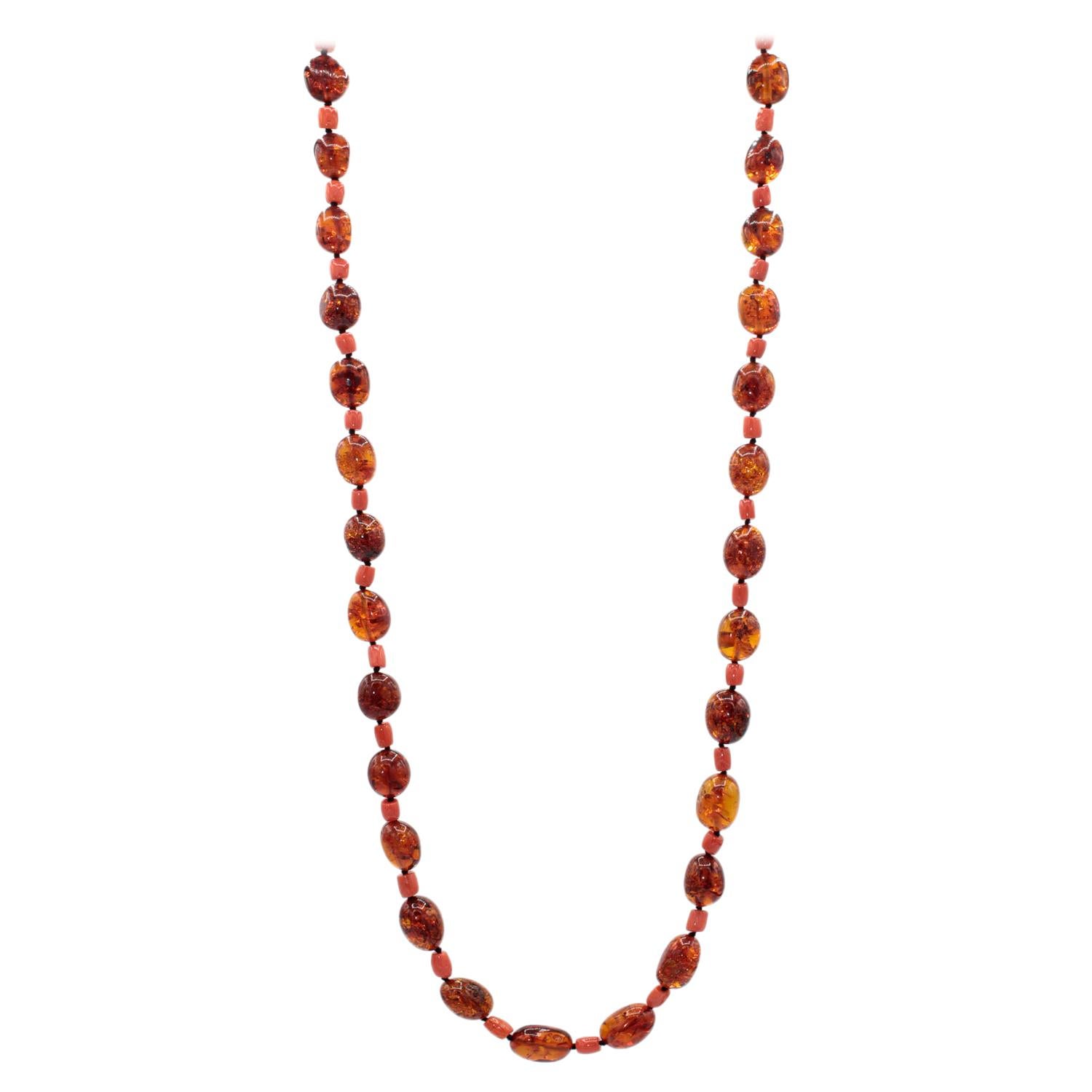 Amber and Coral Multi-strand Necklace For Sale