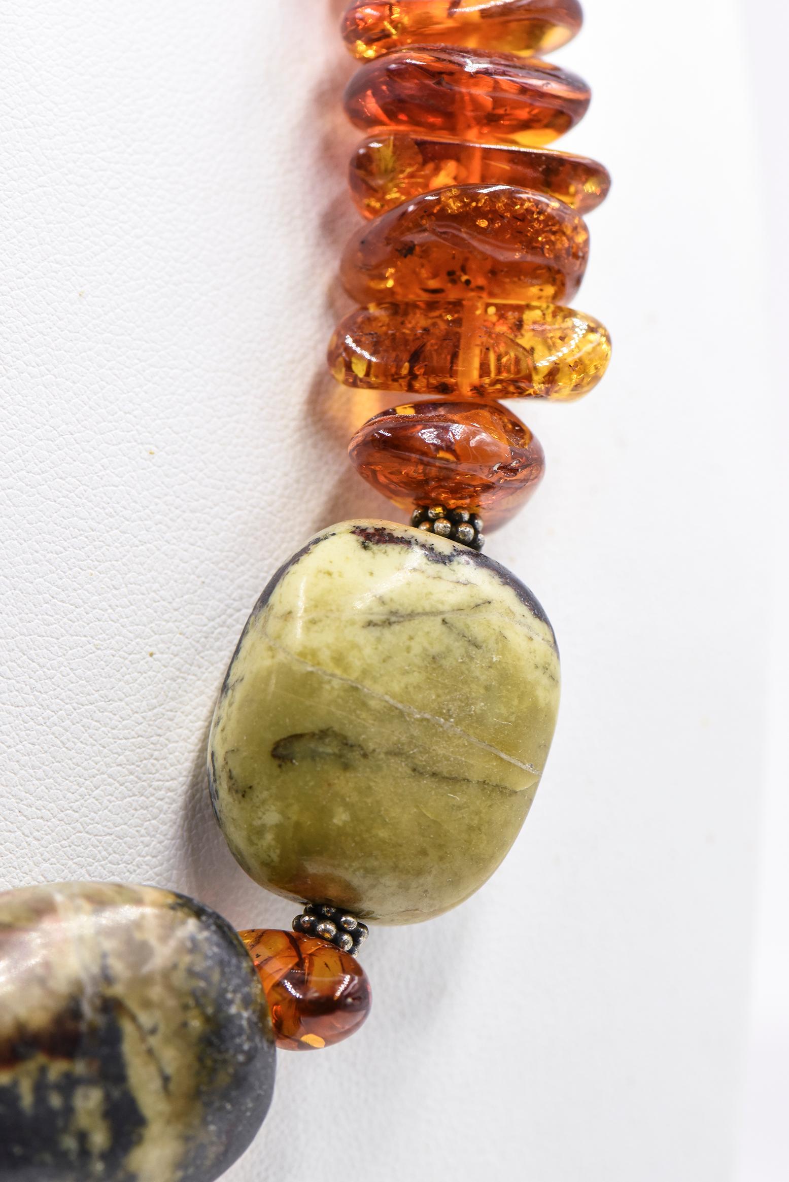 Amber and Green Stone Bead Necklace with Sterling Silver For Sale 3