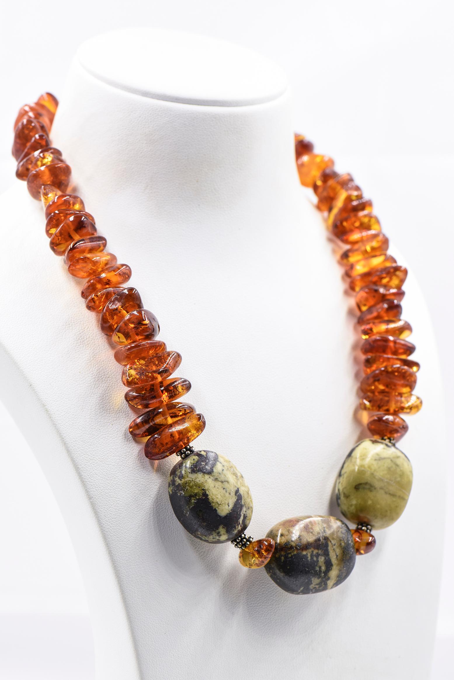 Amber and Green Stone Bead Necklace with Sterling Silver For Sale 2