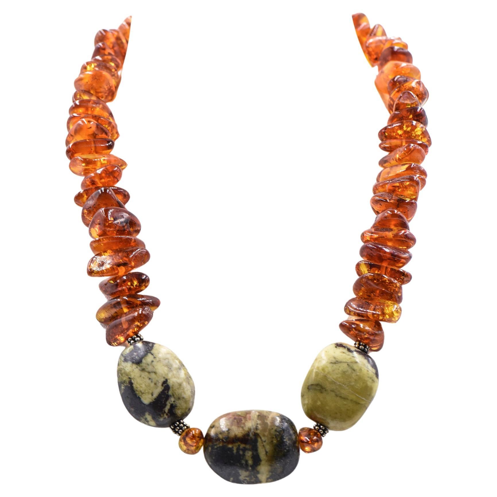 Amber and Green Stone Bead Necklace with Sterling Silver For Sale