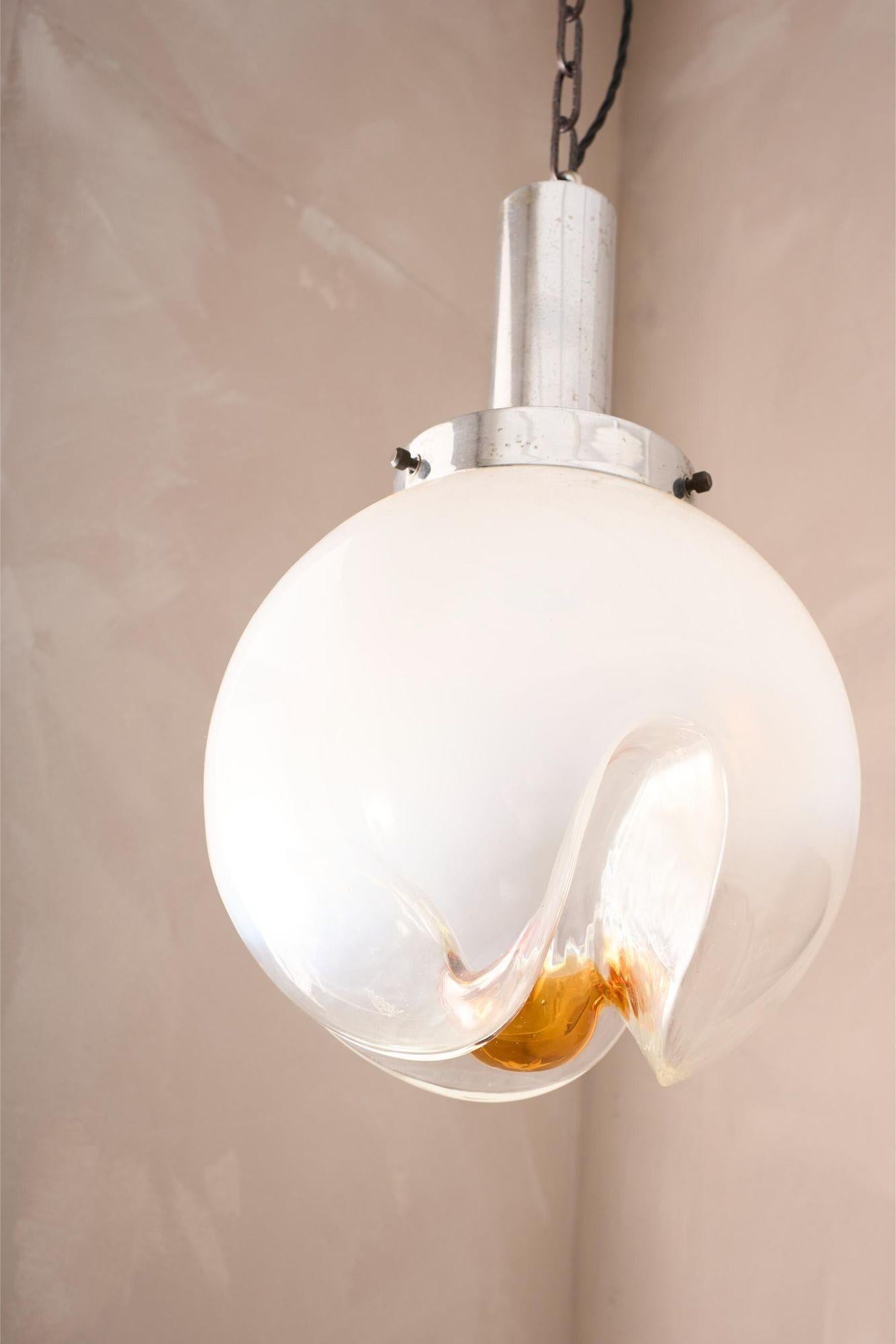 Amber and opaline Mazzega Murano glass Pendant lights For Sale 1