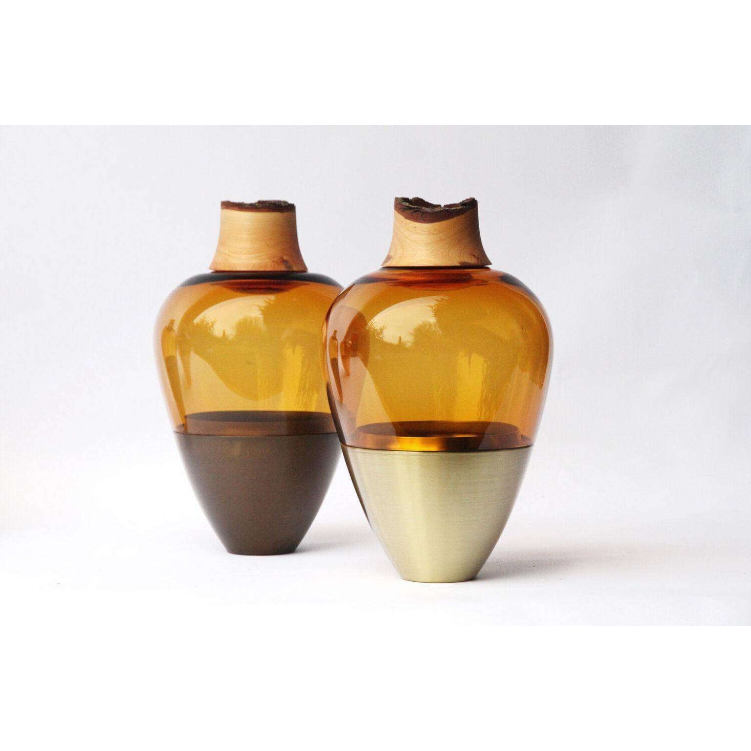 Organic Modern Amber and Patinated Brass Sculpted Blown Glass, Pia Wüstenberg
