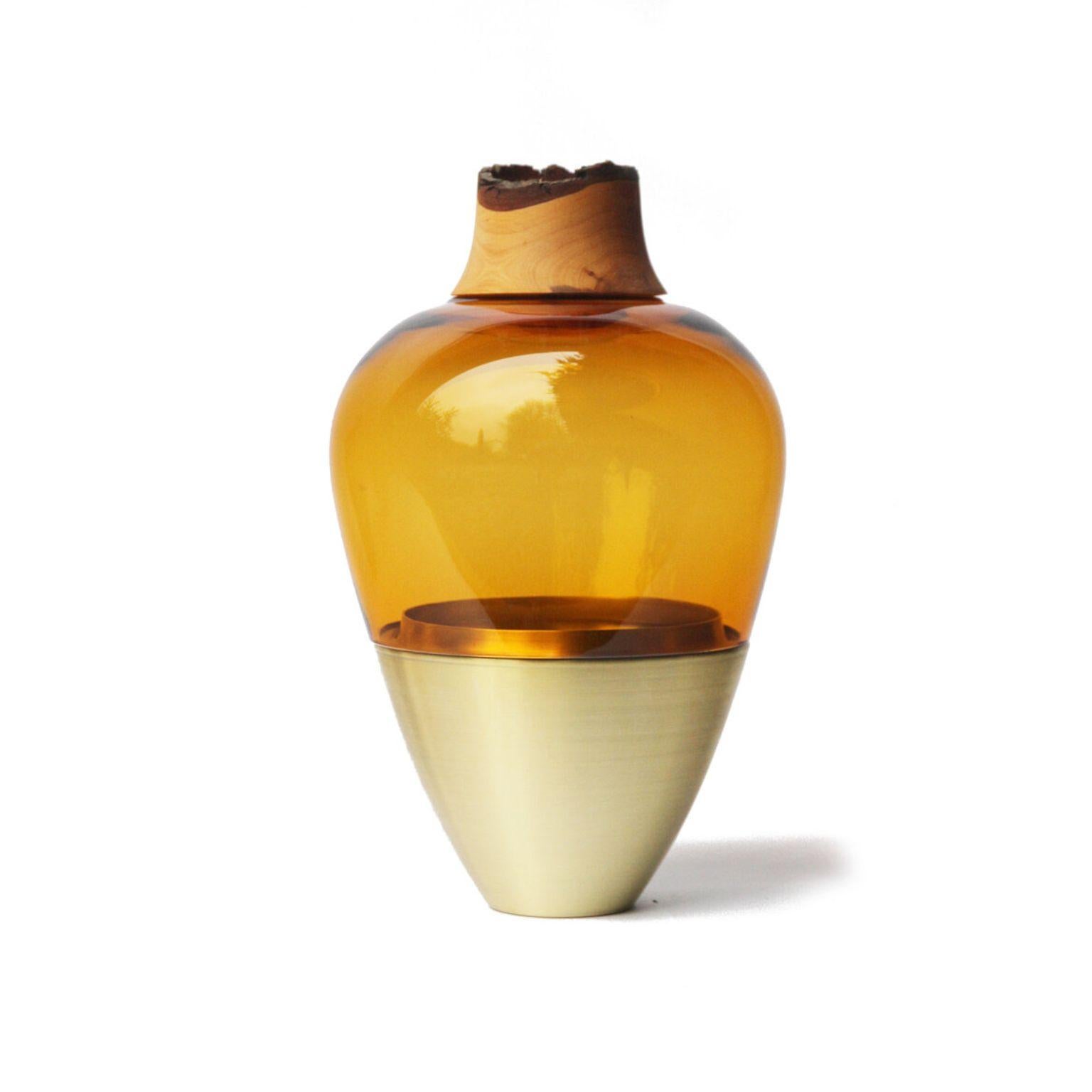 German Amber and Patinated Brass Sculpted Blown Glass, Pia Wüstenberg