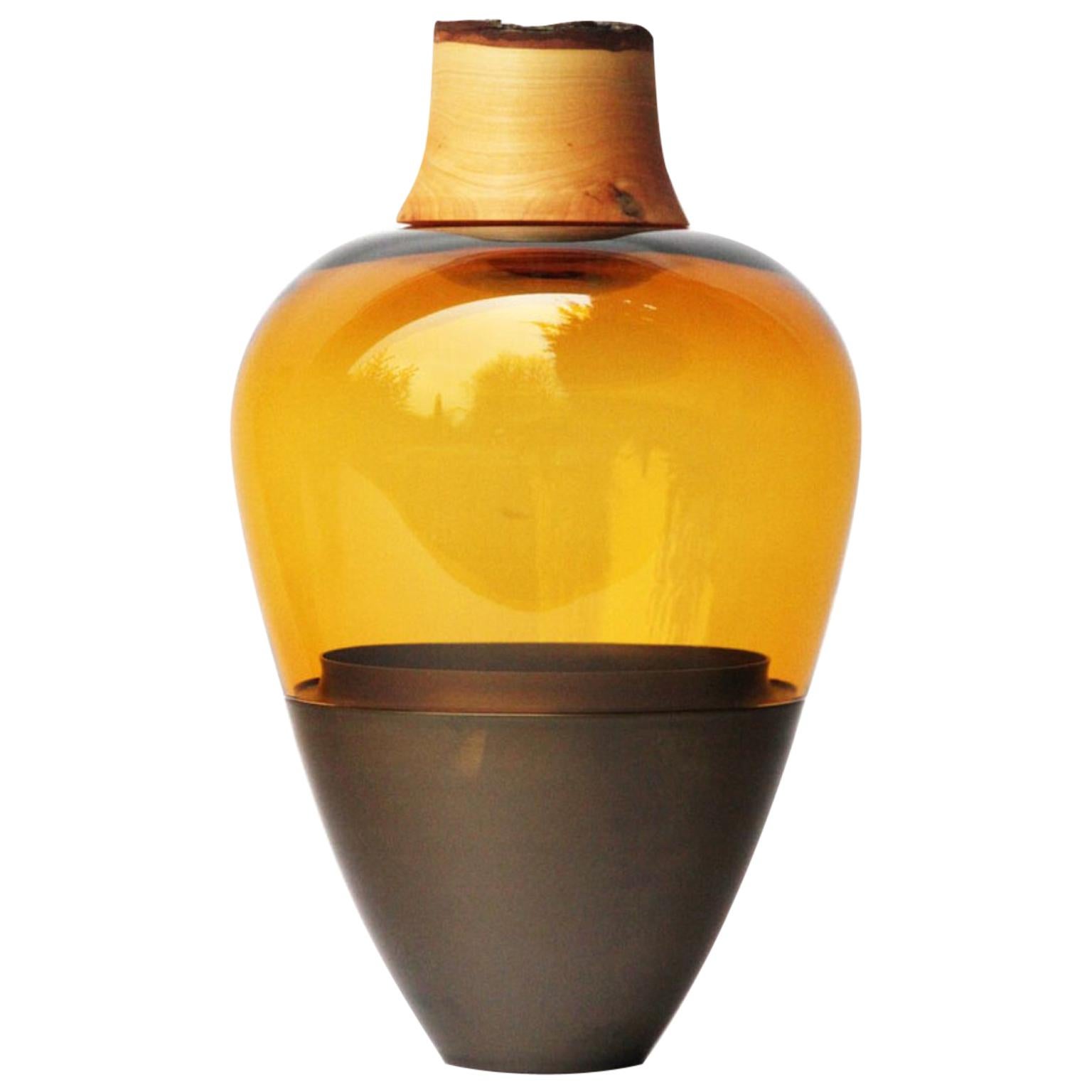 Amber and Patinated Brass Sculpted Blown Glass India Vessel, Pia Wüstenberg For Sale
