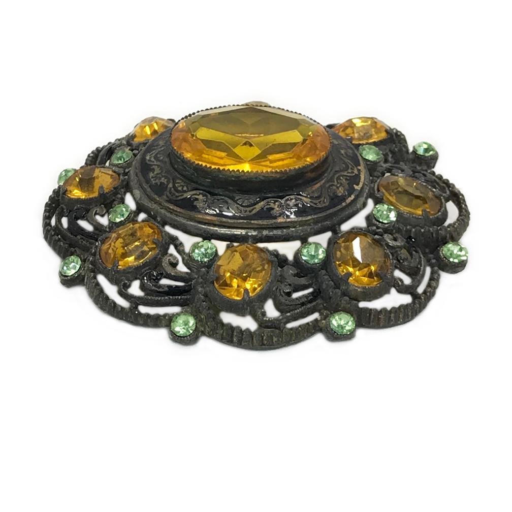 Broche Vintage Carven - Dorée Avec Pierre En Verre Ambre, Luxe Français, Occasion