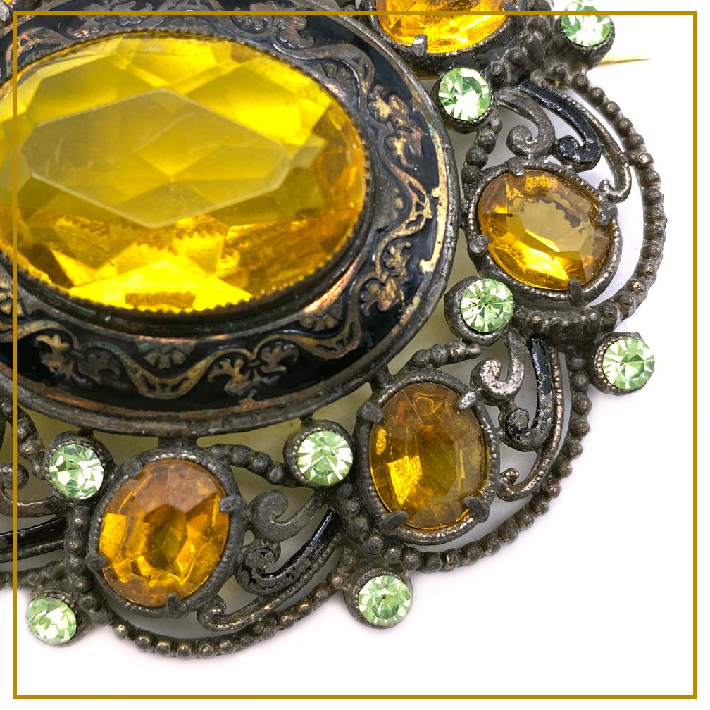 Edwardian Amber and Peridot Rhinestone Antique Brooch For Sale