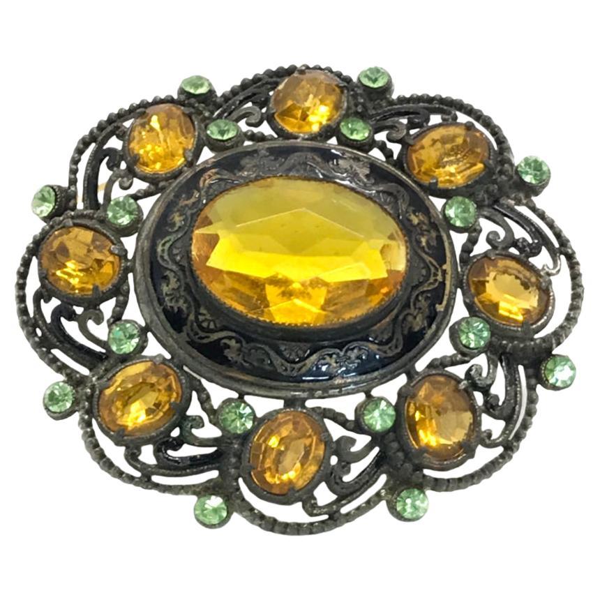 Amber and Peridot Rhinestone Antique Brooch For Sale