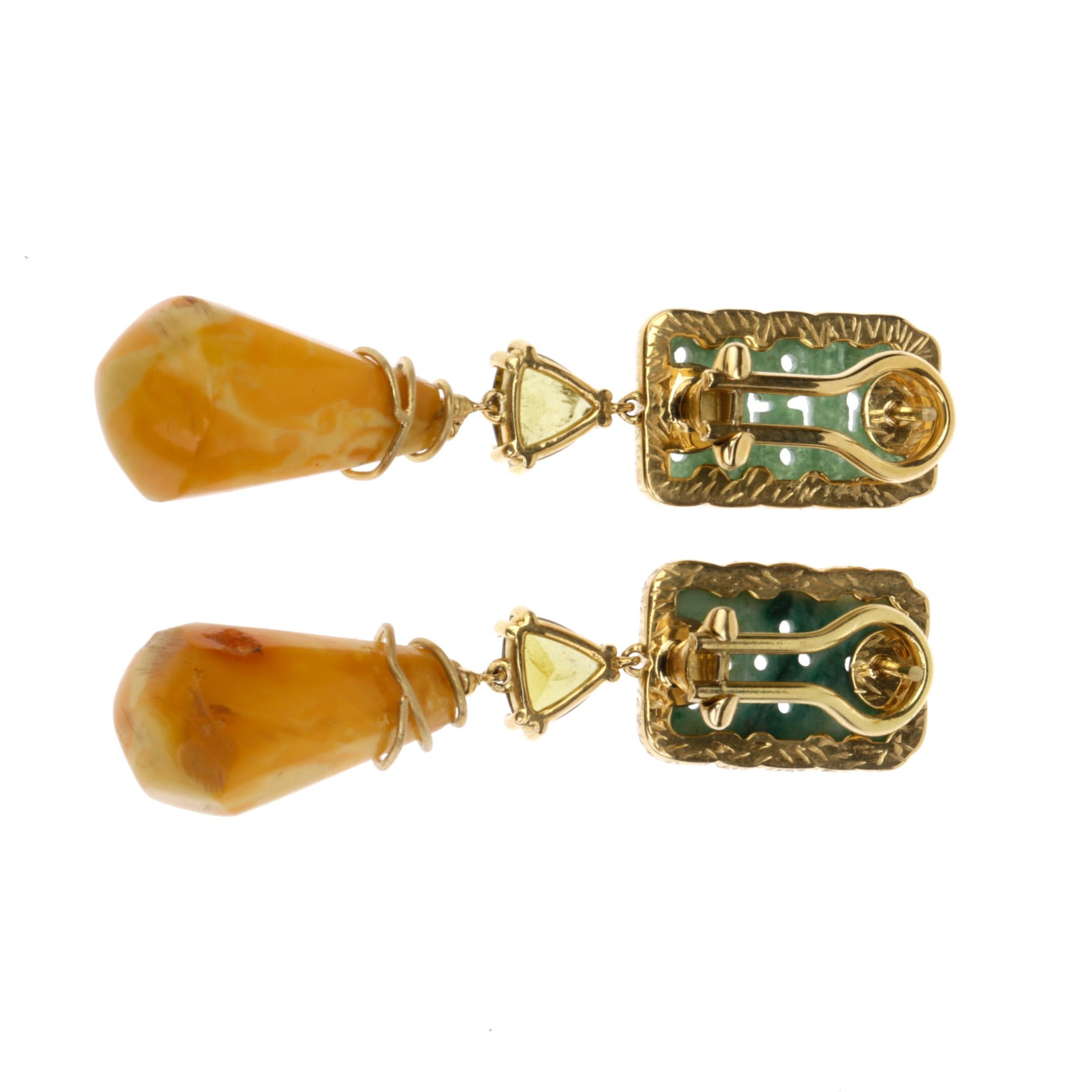Baltic amber,  antique  cinese carved Jade, Yellow tourmaline  18 k Gold gr.27 earrings.
All Giulia Colussi jewelry is new and has never been previously owned or worn. Each item will arrive at your door beautifully gift wrapped in our boxes, put