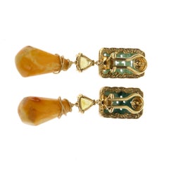 Ohrringe aus Bernstein und antiker Jade aus 18 Karat Gold mit Turmalin