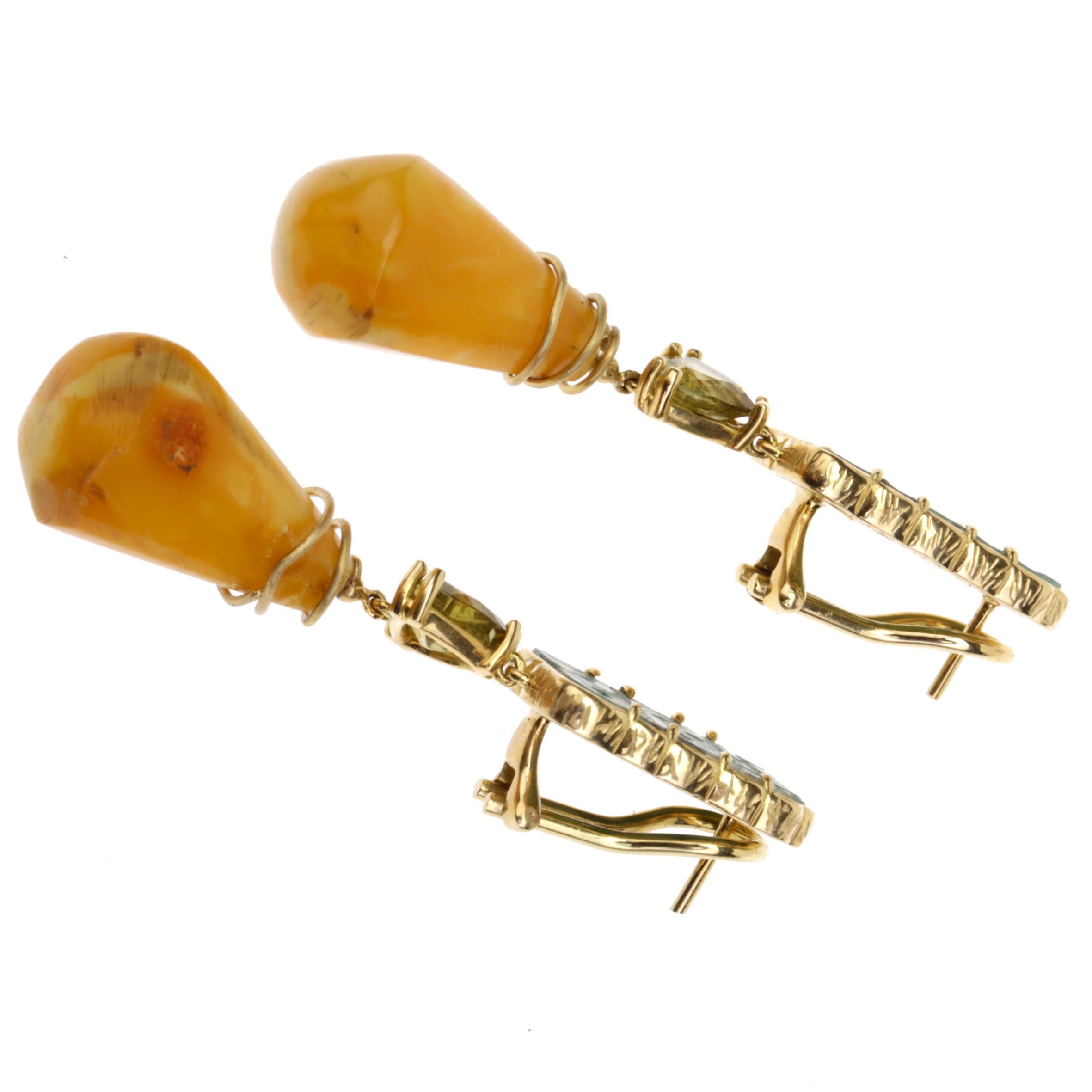 Artisan Amber Antique Jade 18 Karat Gold Tourmaline Earrings