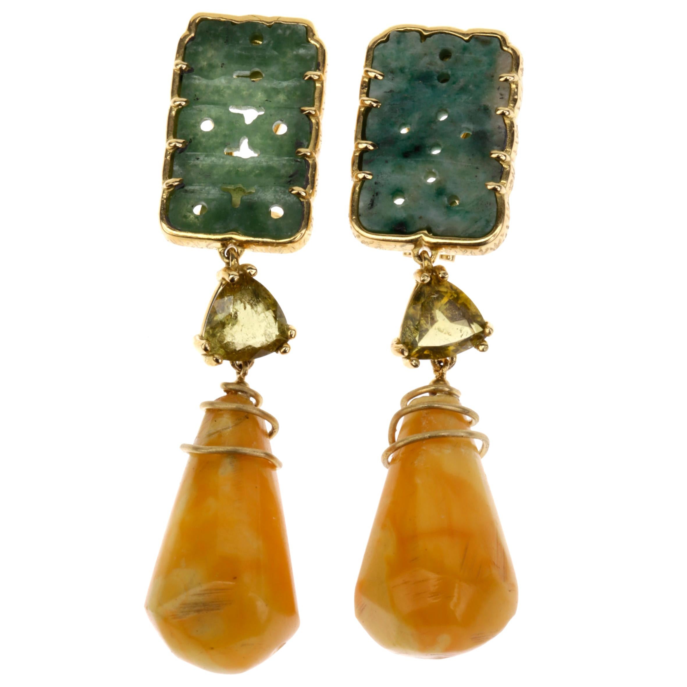 Antiques Jade Coral 18 Karat Gold Earrings For Sale at 1stDibs