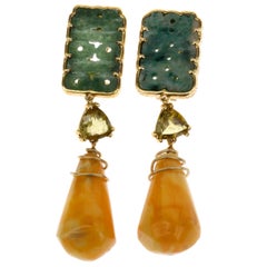 Amber Antique Jade 18 Karat Gold Tourmaline Earrings