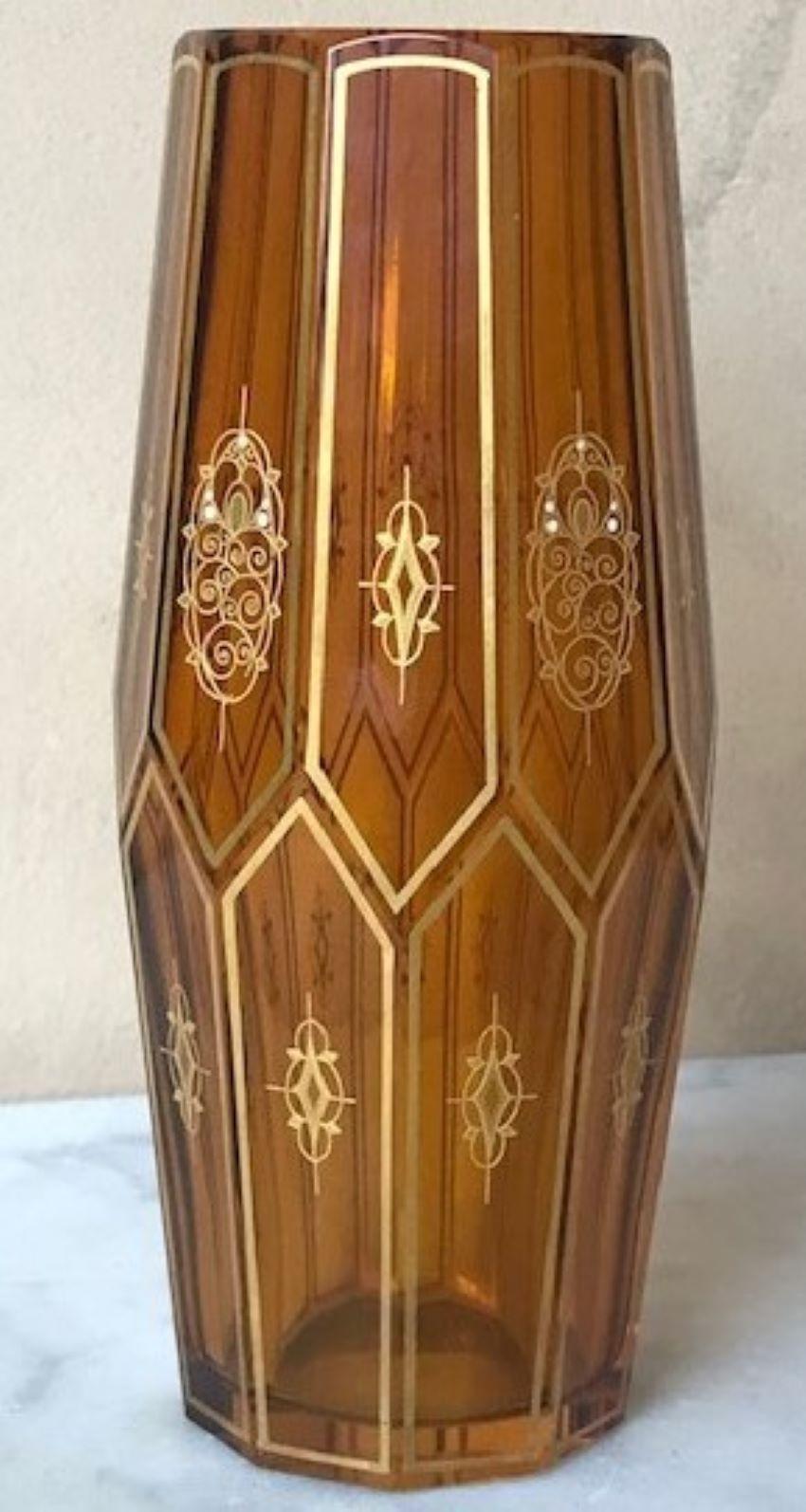 Etched Amber Art Deco Cut Crystal Vase With Gilt Stencil Design For Sale
