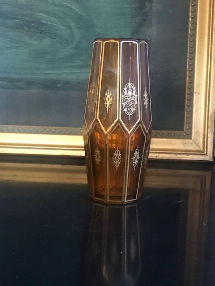 Mid-20th Century Amber Art Deco Cut Crystal Vase With Gilt Stencil Design For Sale