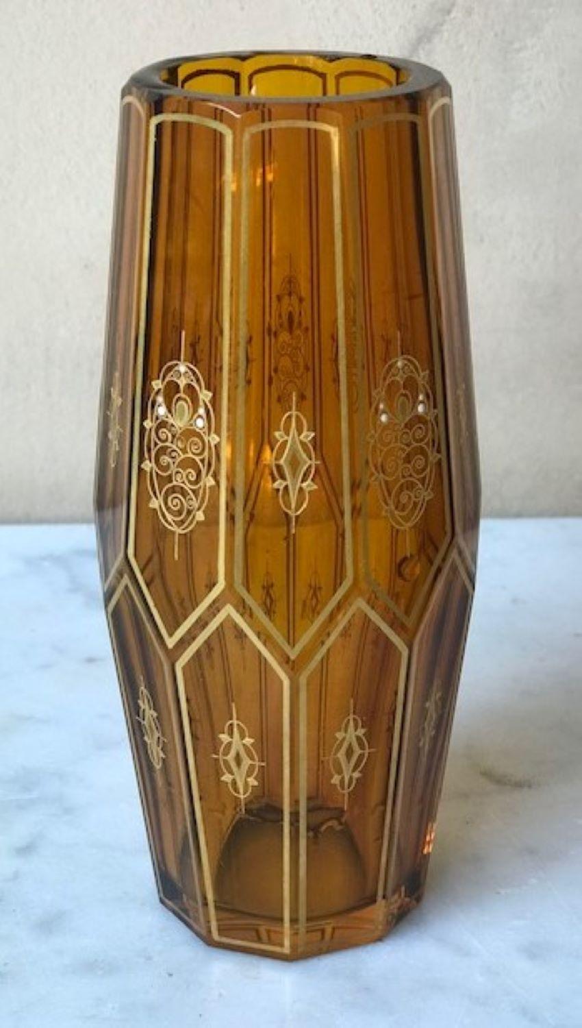 Glass Amber Art Deco Cut Crystal Vase With Gilt Stencil Design For Sale