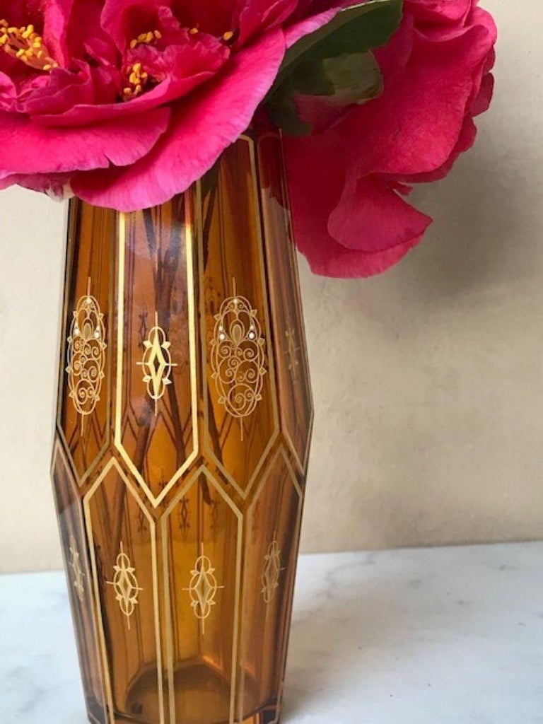 Amber Art Deco Cut Crystal Vase With Gilt Stencil Design For Sale at