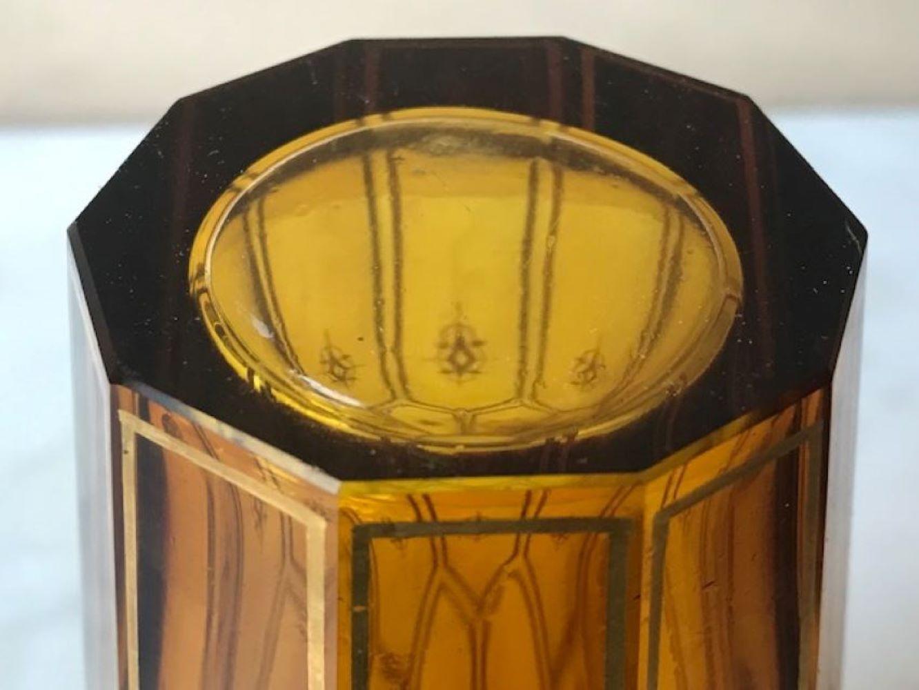 Amber Art Deco Cut Crystal Vase With Gilt Stencil Design For Sale 3