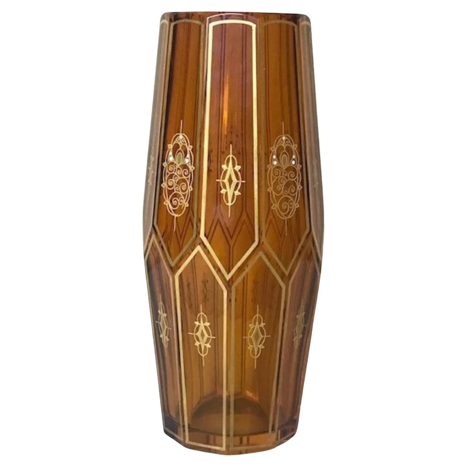 Amber Art Deco Cut Crystal Vase With Gilt Stencil Design