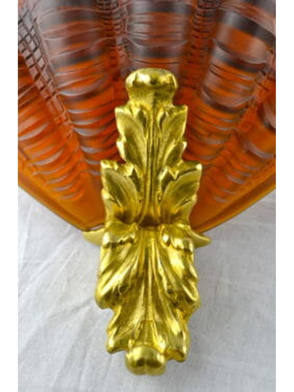 Art Deco Amber Art Glass and Gilt Bronze Scallop Shell Sconces For Sale