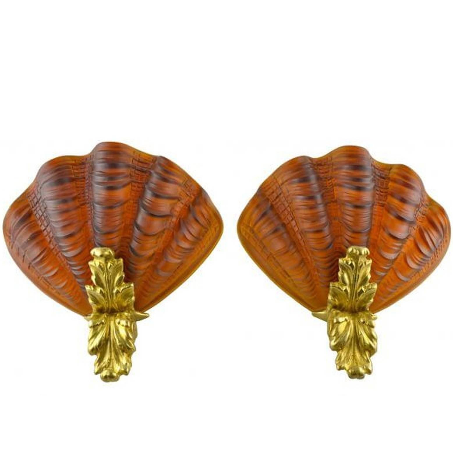 Amber Art Glass and Gilt Bronze Scallop Shell Sconces For Sale