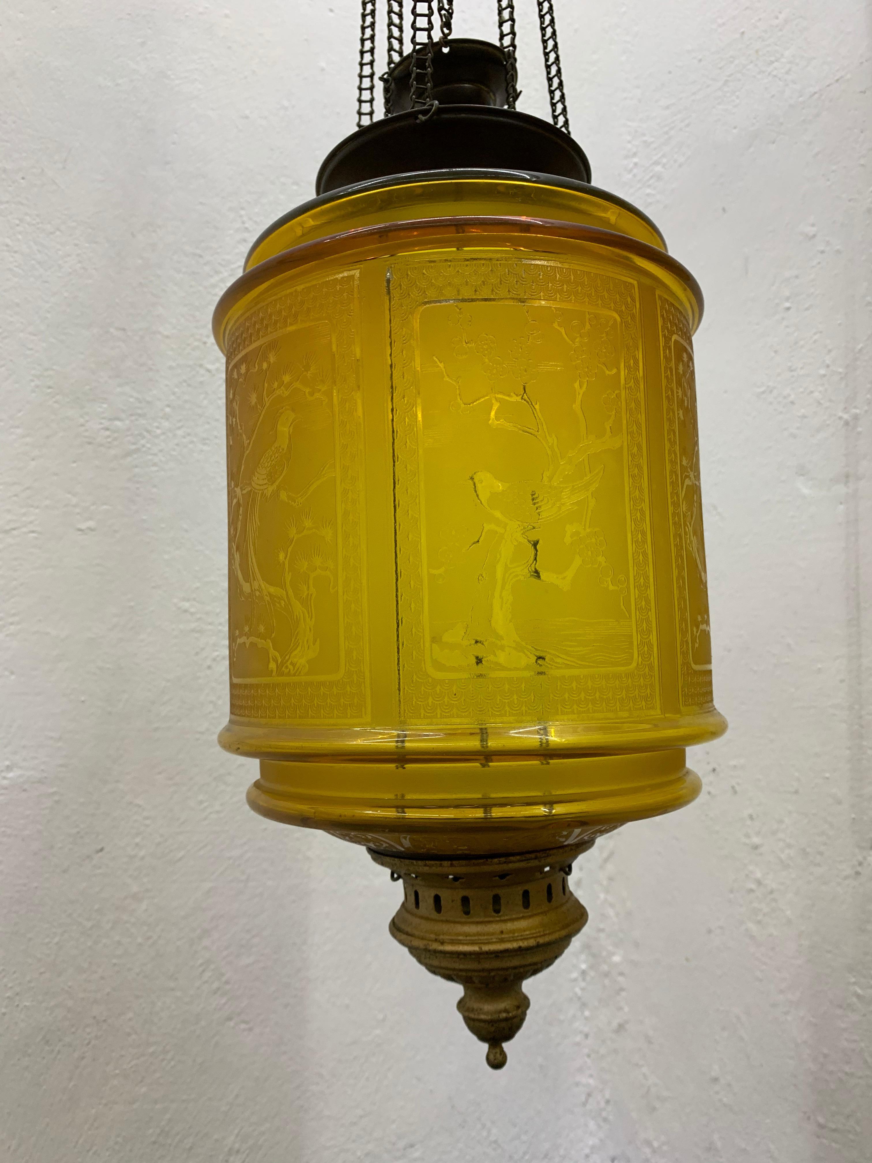 Amber Art Nouveau Candle Lantern by Baccarat France, Depicting Birds, circa 1890 For Sale 4