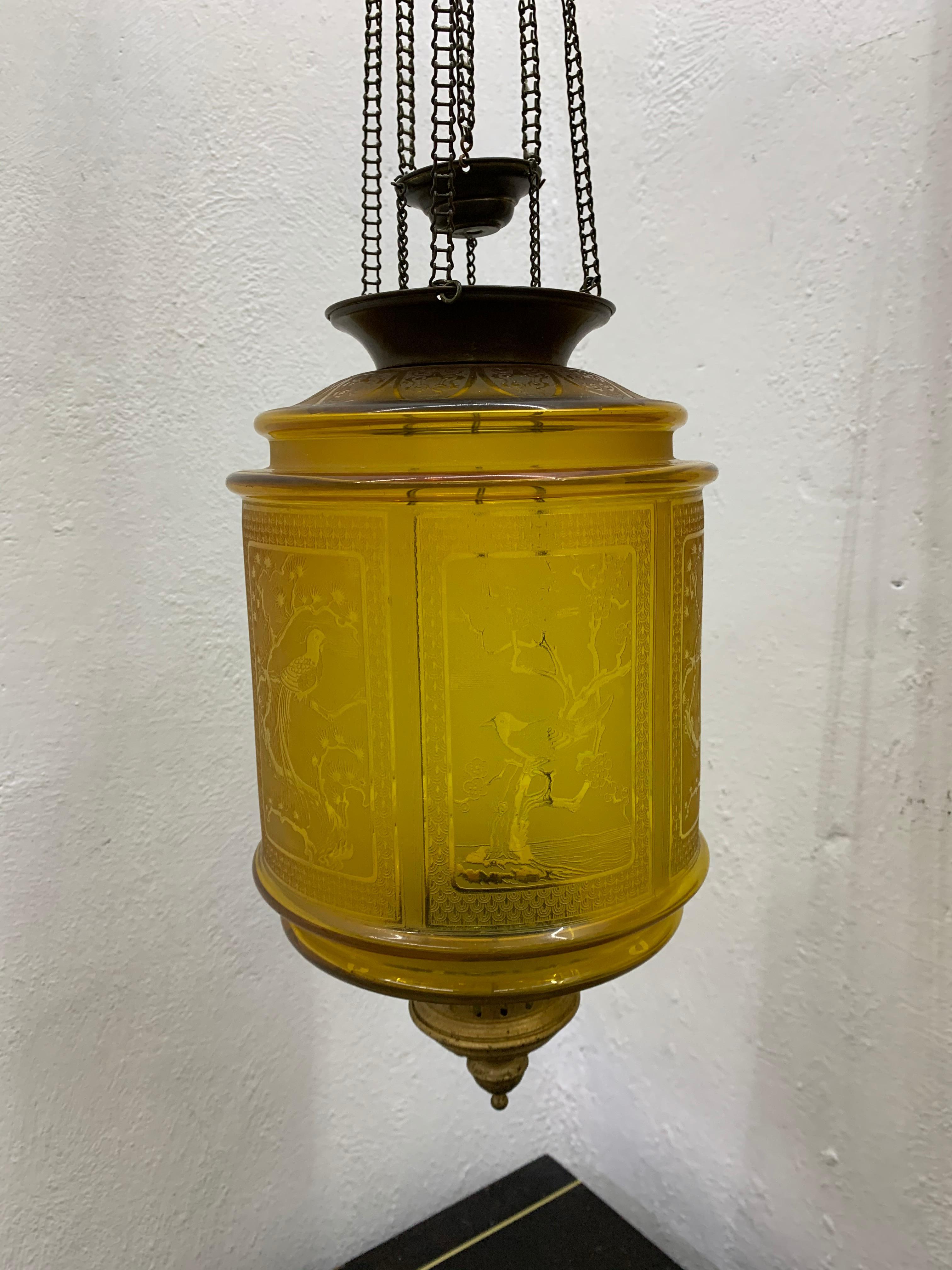 Amber Art Nouveau Candle Lantern by Baccarat France, Depicting Birds, circa 1890 For Sale 5