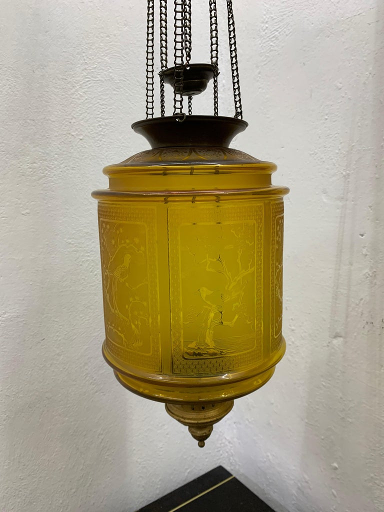 Amber Art Nouveau Candle Lantern by Baccarat France, Depicting Birds, circa 1890 For Sale 6