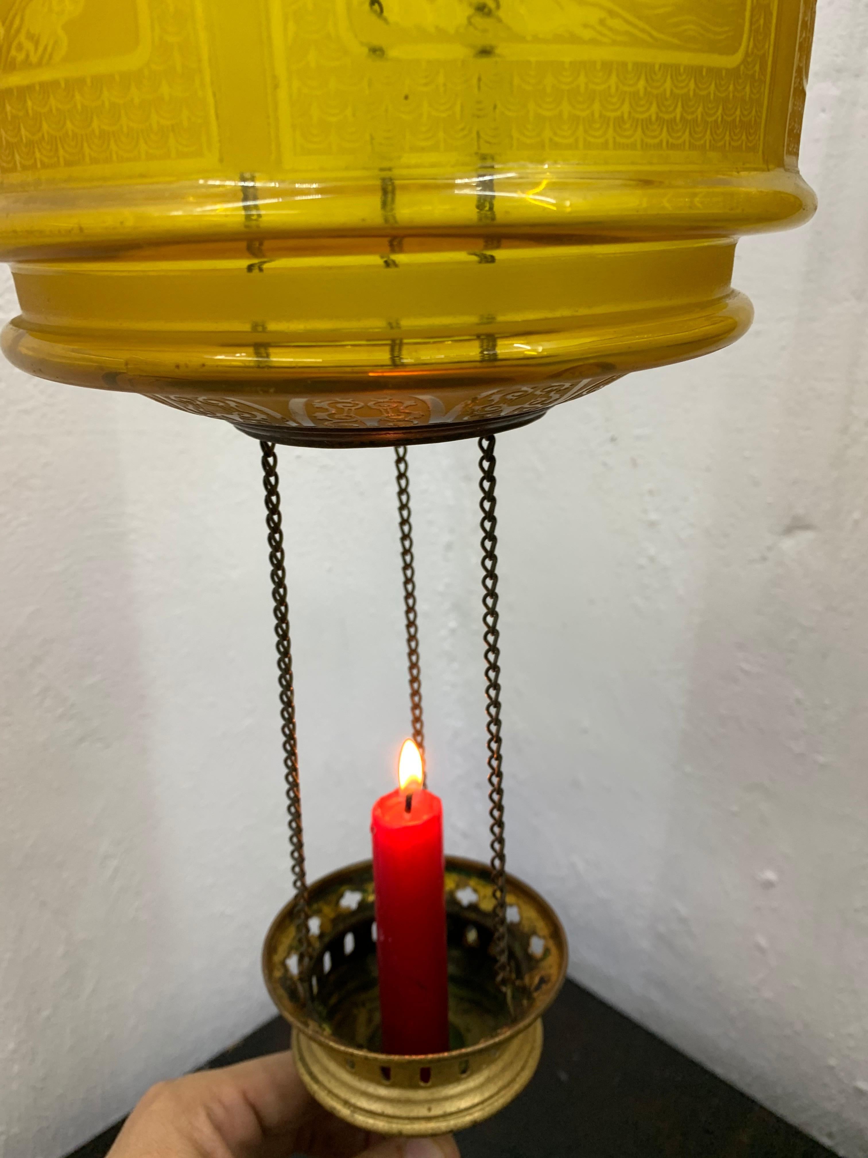 Farol de ámbar Art Nouveau para velas de Baccarat Francia, con pájaros, hacia 1890 7