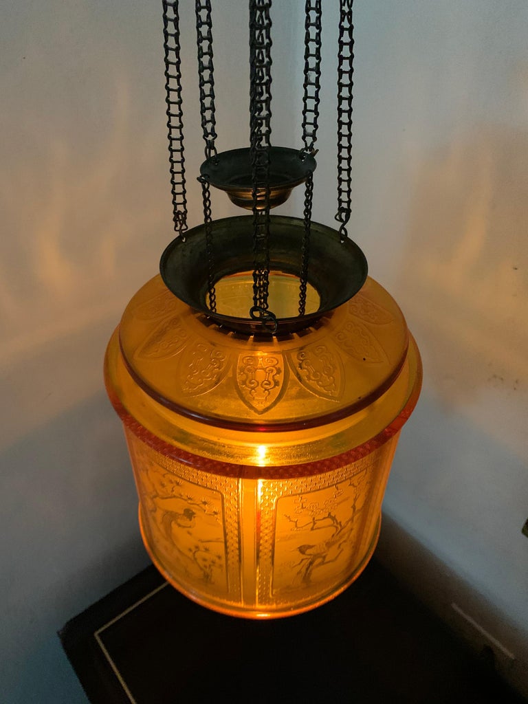 Late 19th or early 20th century glass Lantern by Baccarat France, unsigned but this is a known model and we have handled it before with the Baccarat seal, a photo of proof can be provided if required.
Produced in an Art Nouveau / orientalist taste,