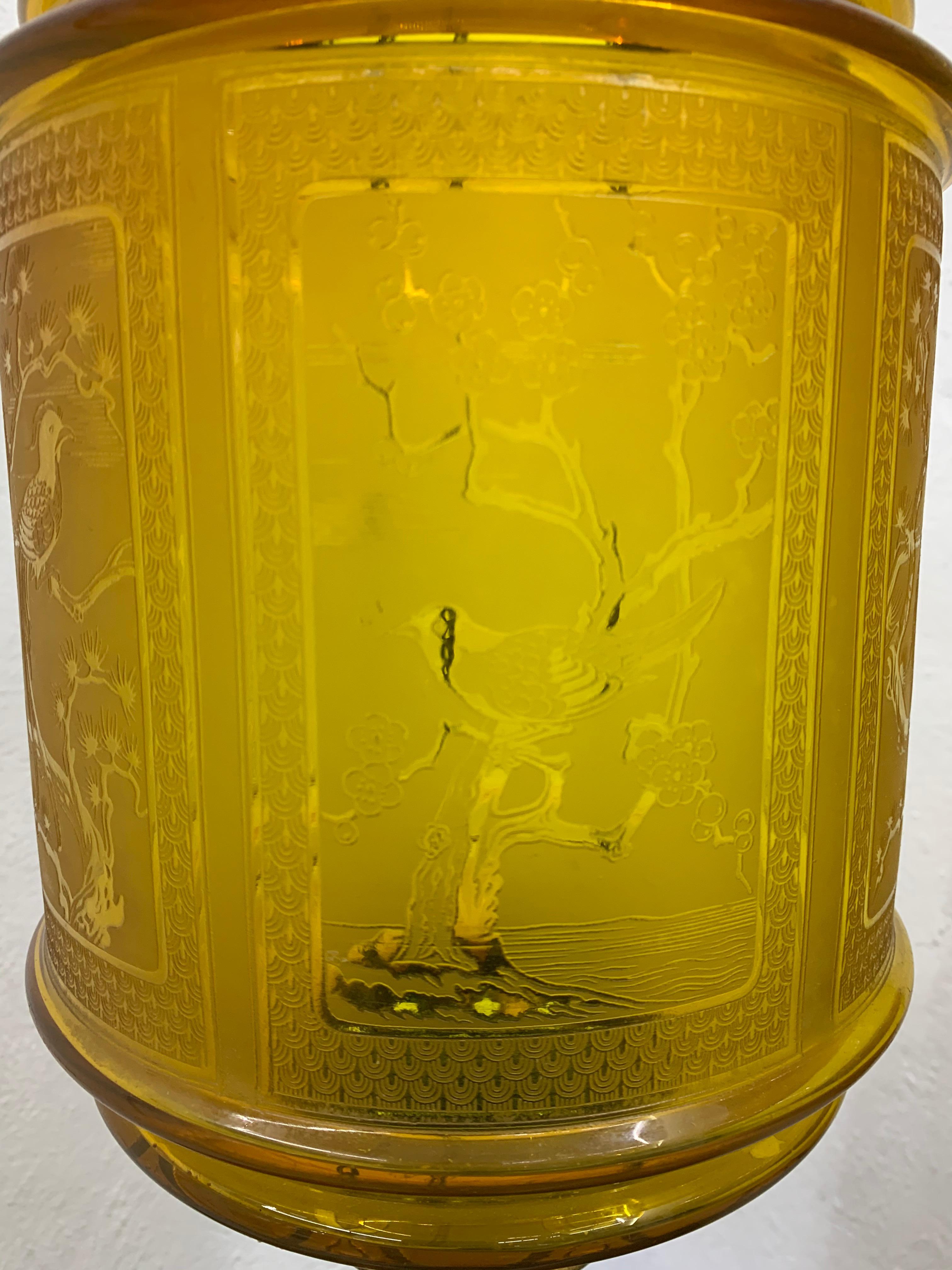 Amber Art Nouveau Candle Lantern by Baccarat France, Depicting Birds, circa 1890 In Good Condition For Sale In Merida, Yucatan