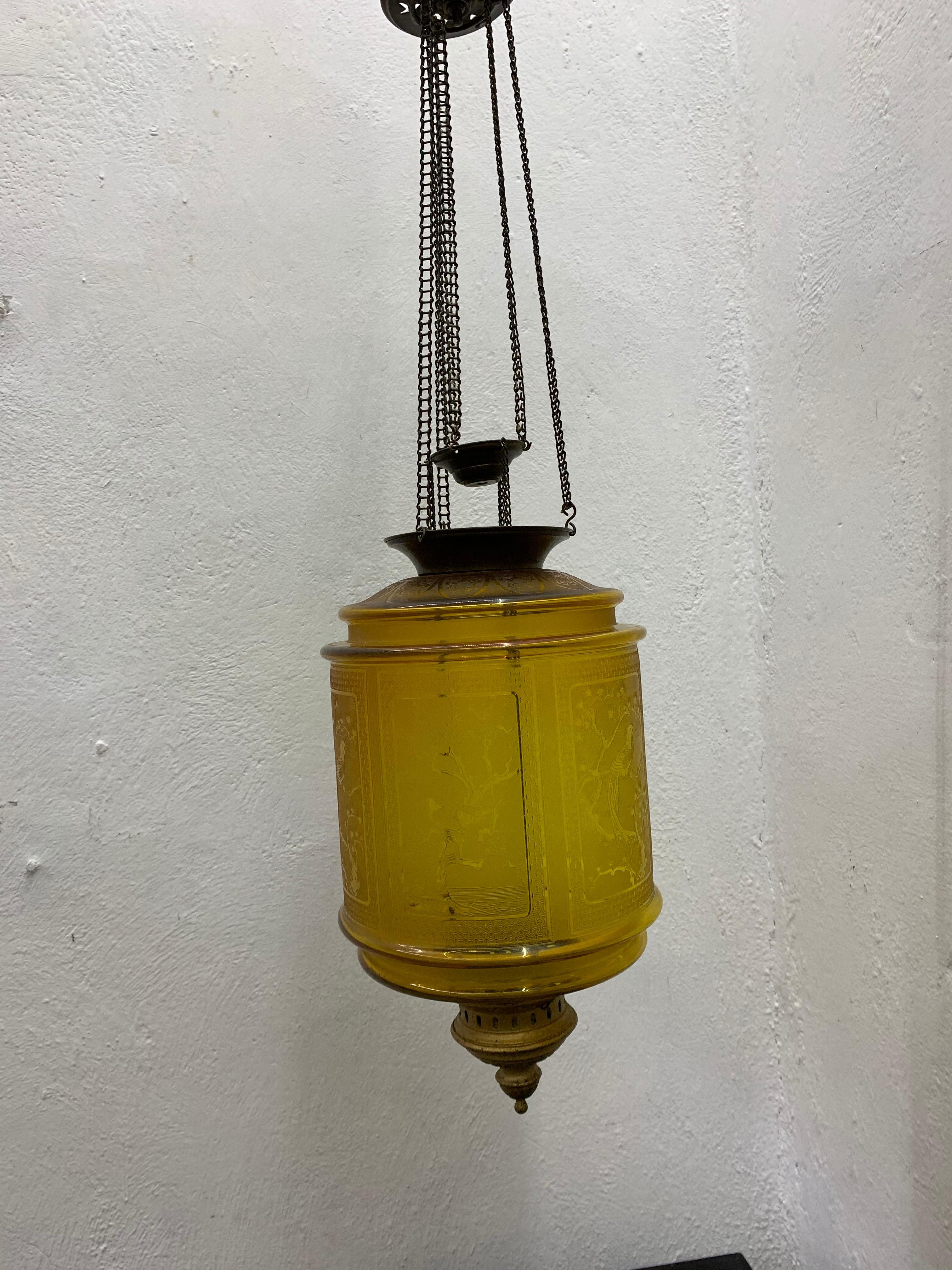 Farol de ámbar Art Nouveau para velas de Baccarat Francia, con pájaros, hacia 1890 3