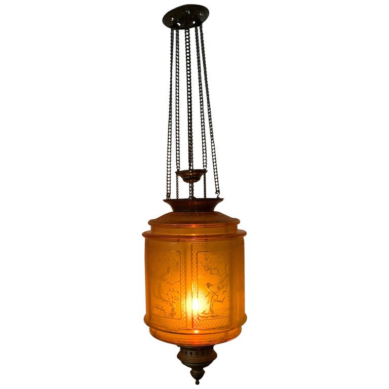 Amber Art Nouveau Candle Lantern by Baccarat France, Depicting Birds, circa 1890 For Sale