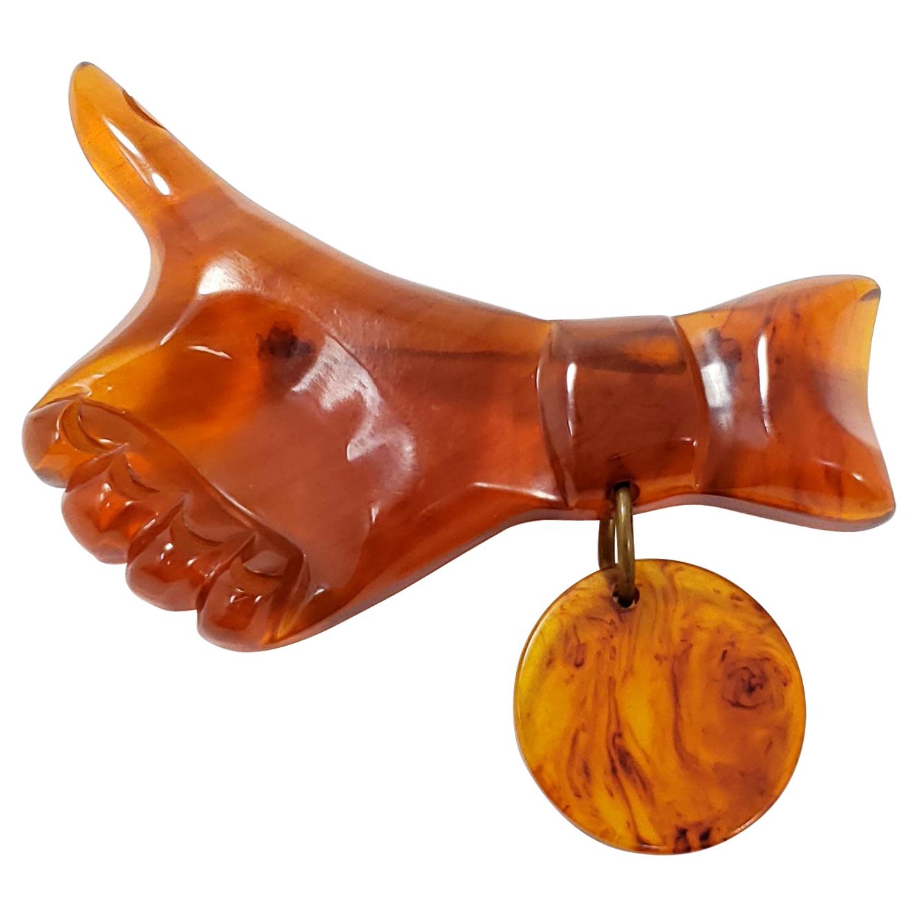 Amber Bakelite Thumbs Up Hand Pin Brooch, Early 1900s