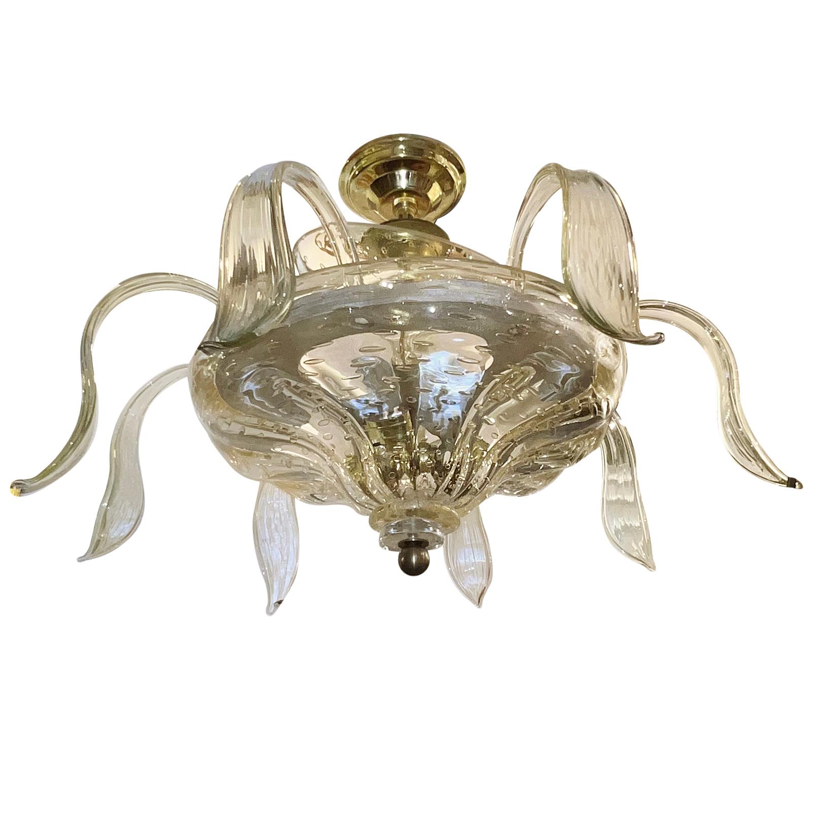A circa 1960's Italian blown glass chandelier with 3 Edison lights.

Measurements:
Present drop: 17.75