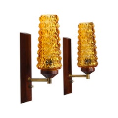Vintage Amber and Brass Wall Lamps by Mejlstrom, 1960s Wall Lights with Glass and Brass
