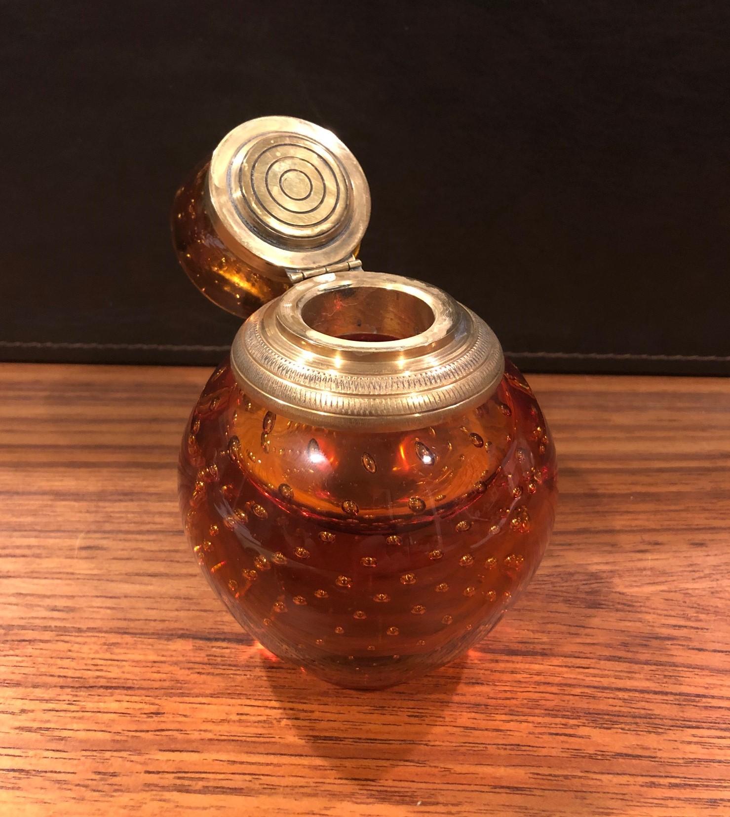 American Amber Bubble Glass Cylindrical Inkwell with Brass Lid by John Armer & Co
