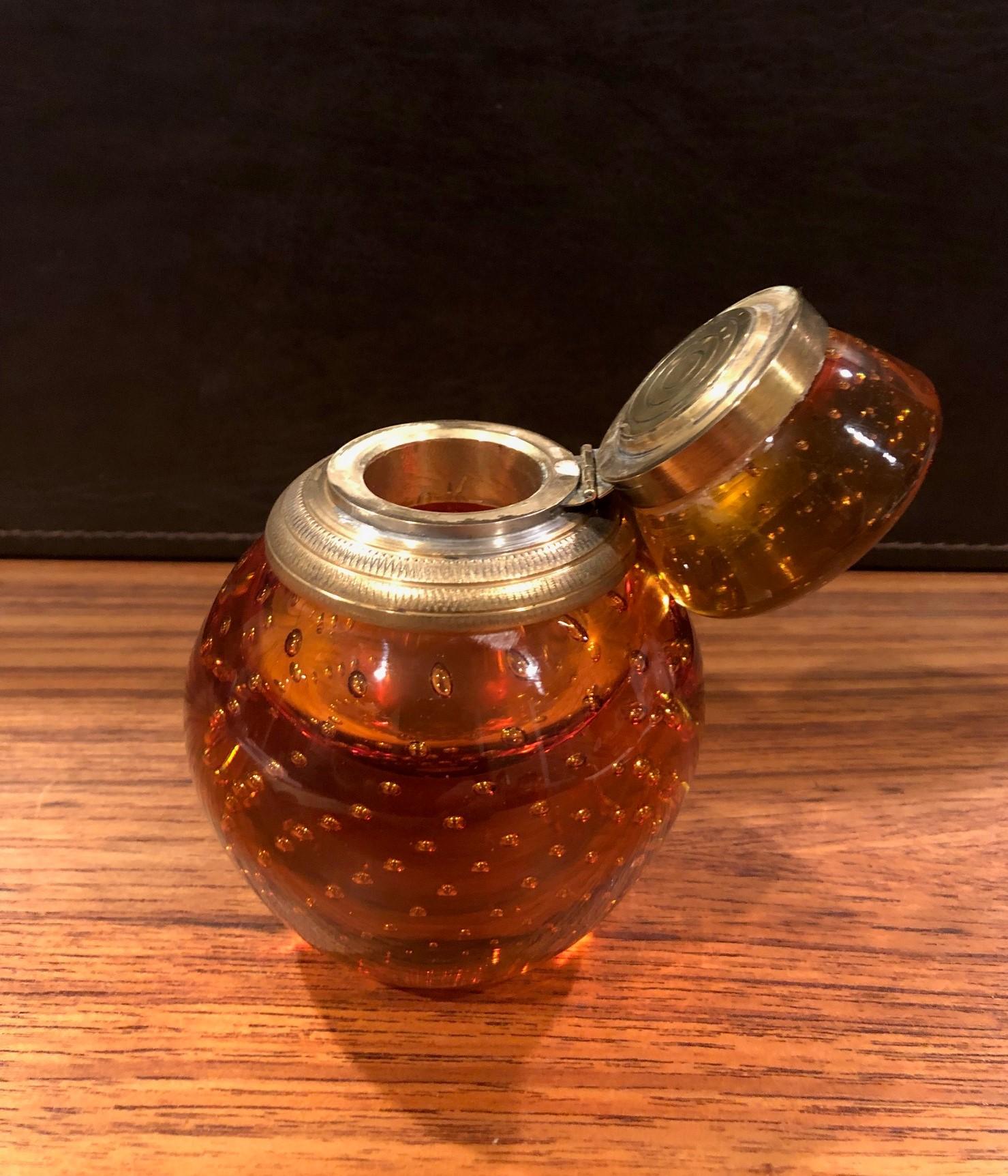 Amber Bubble Glass Cylindrical Inkwell with Brass Lid by John Armer & Co In Good Condition In San Diego, CA