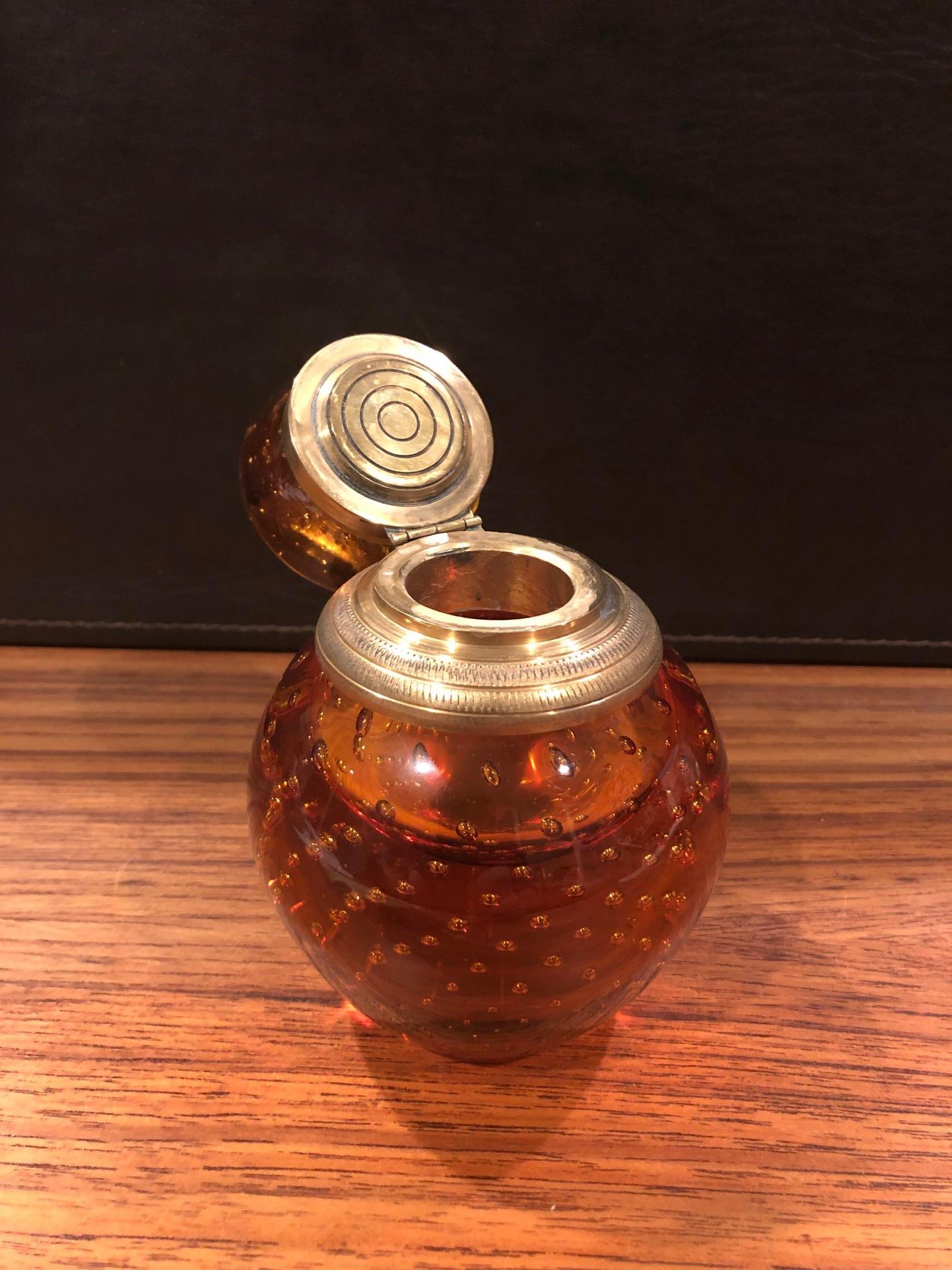 Amber Bubble Glass Cylindrical Inkwell with Brass Lid by John Armer & Co 1