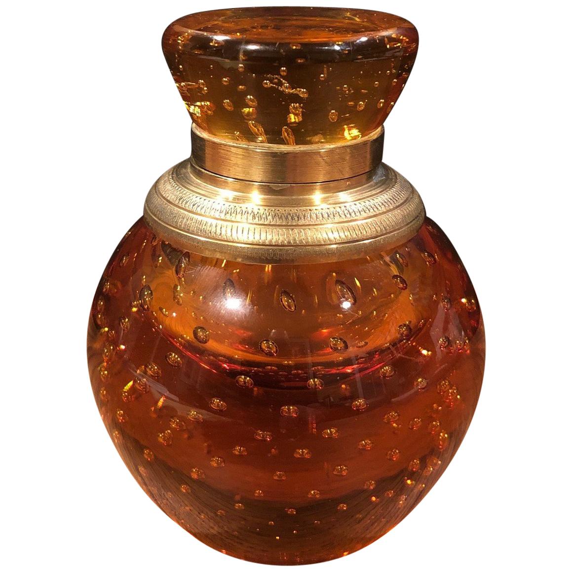 Amber Bubble Glass Cylindrical Inkwell with Brass Lid by John Armer & Co
