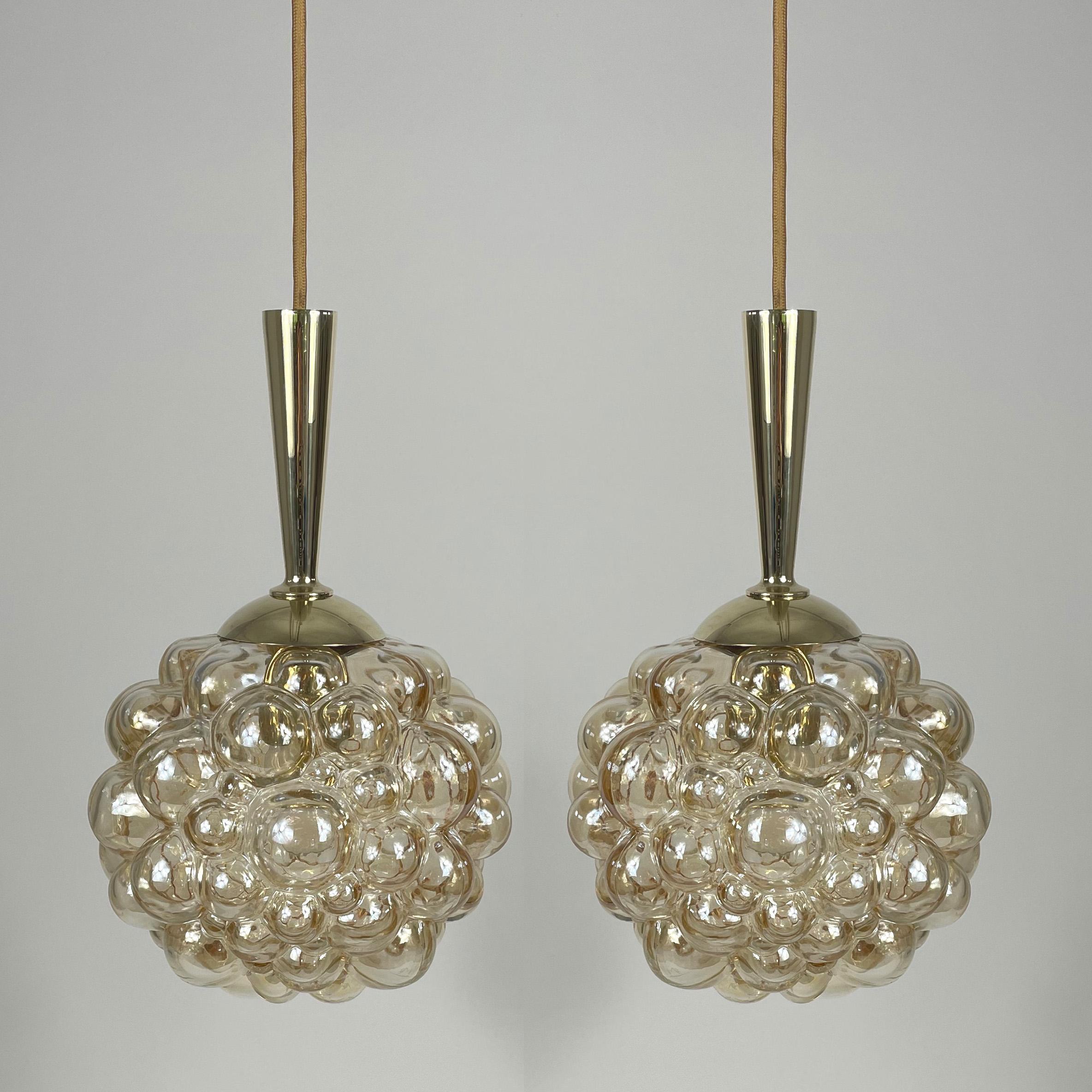Mid-20th Century Amber Bubble Glass Pendants by Helena Tynell for Limburg, 1960s, Set of 2 For Sale