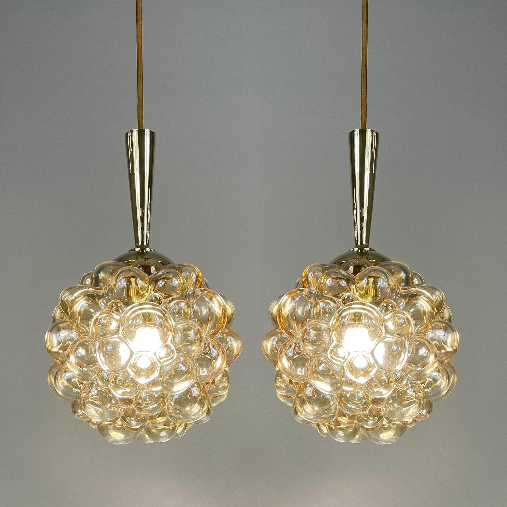 Brass Amber Bubble Glass Pendants by Helena Tynell for Limburg, 1960s, Set of 2 For Sale