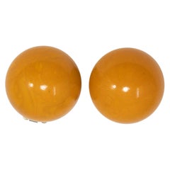 Amber Butterscotch Yellow Bakelite Button Brass-tone Clip On Earrings