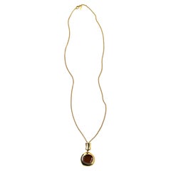 Amber Cabochon Gold Plated Long Vintage Pendant Necklace