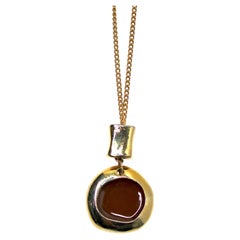 Amber Cabochon Gold Plated Long Vintage Pendant Necklace
