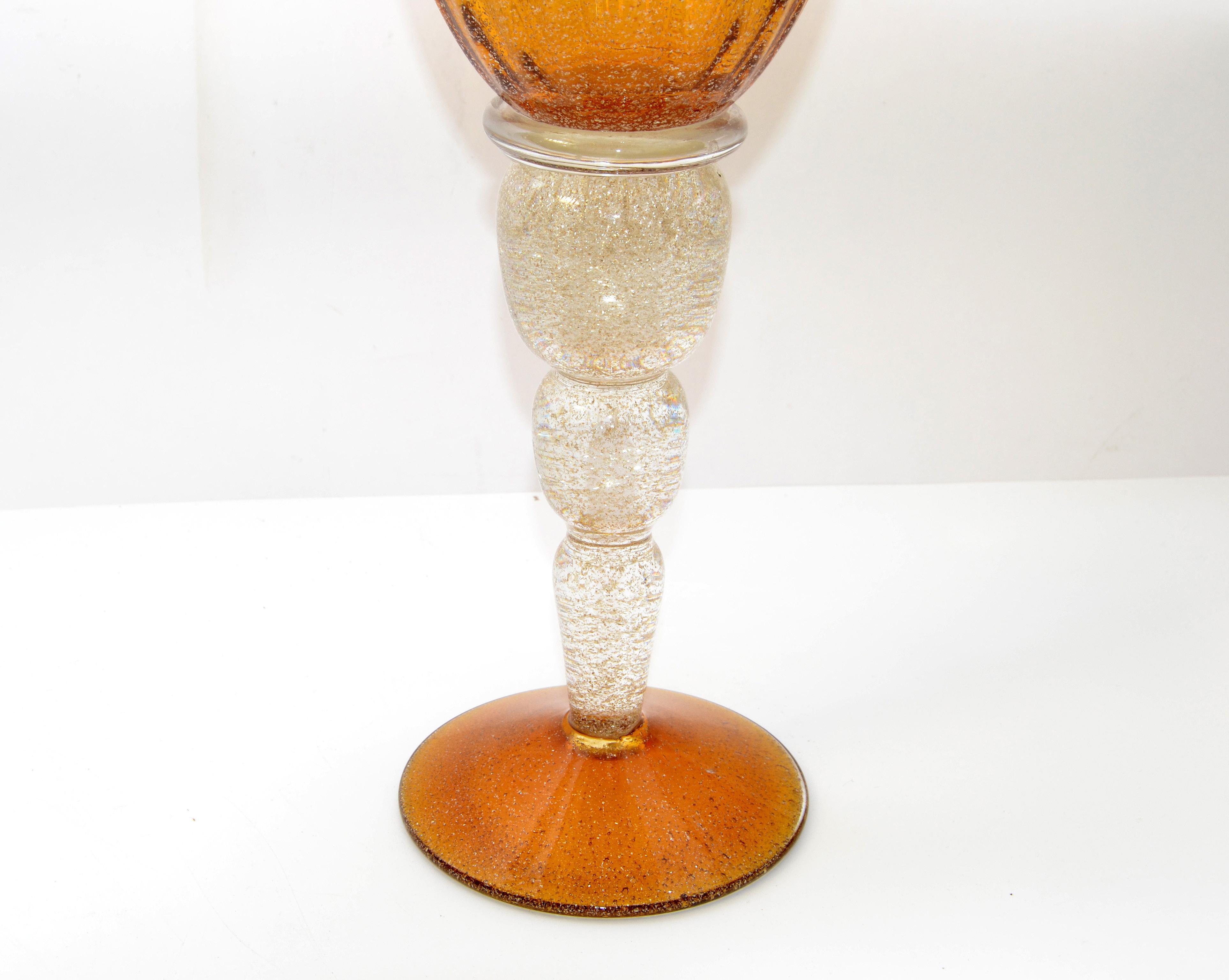 Amber & Clear Infused Gold Dust Venetian Blown Murano Art Glass Flower Vases, 2 1
