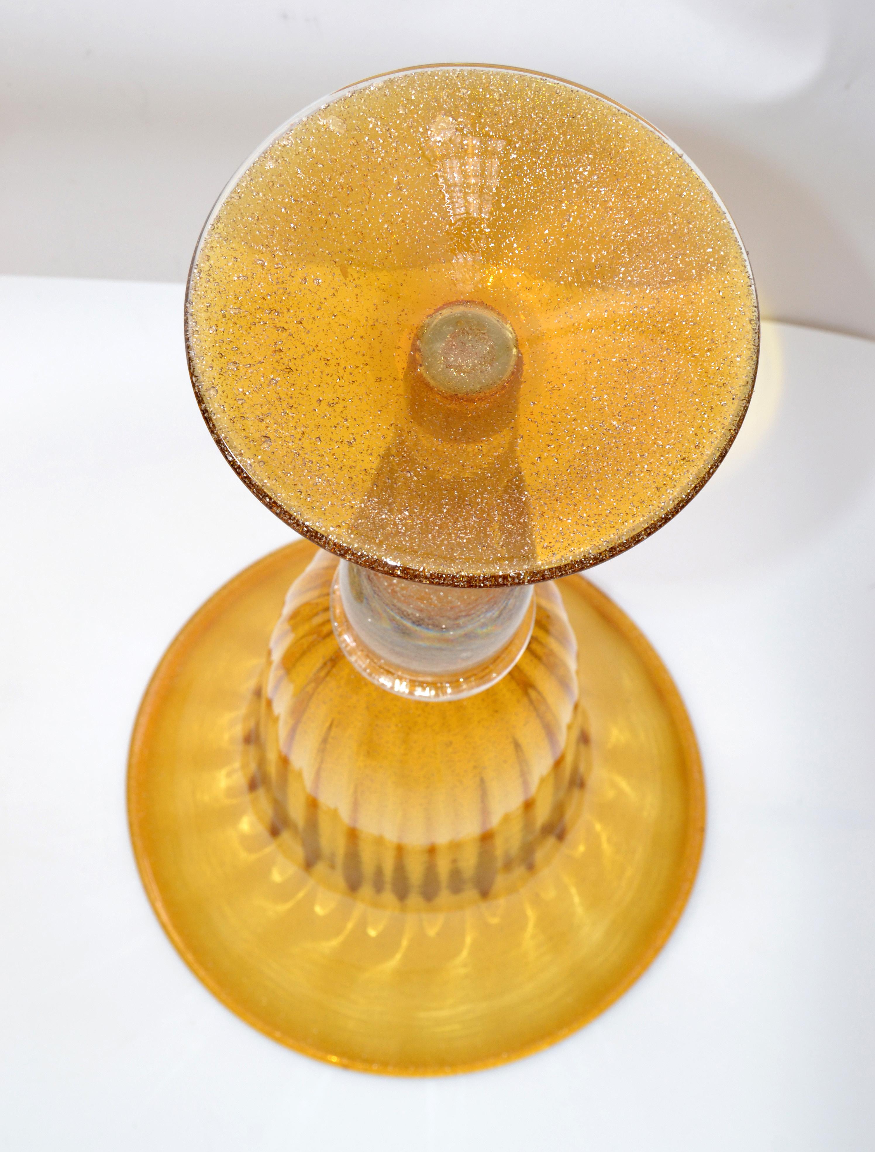 Amber & Clear Infused Gold Dust Venetian Blown Murano Art Glass Flower Vases, 2 2