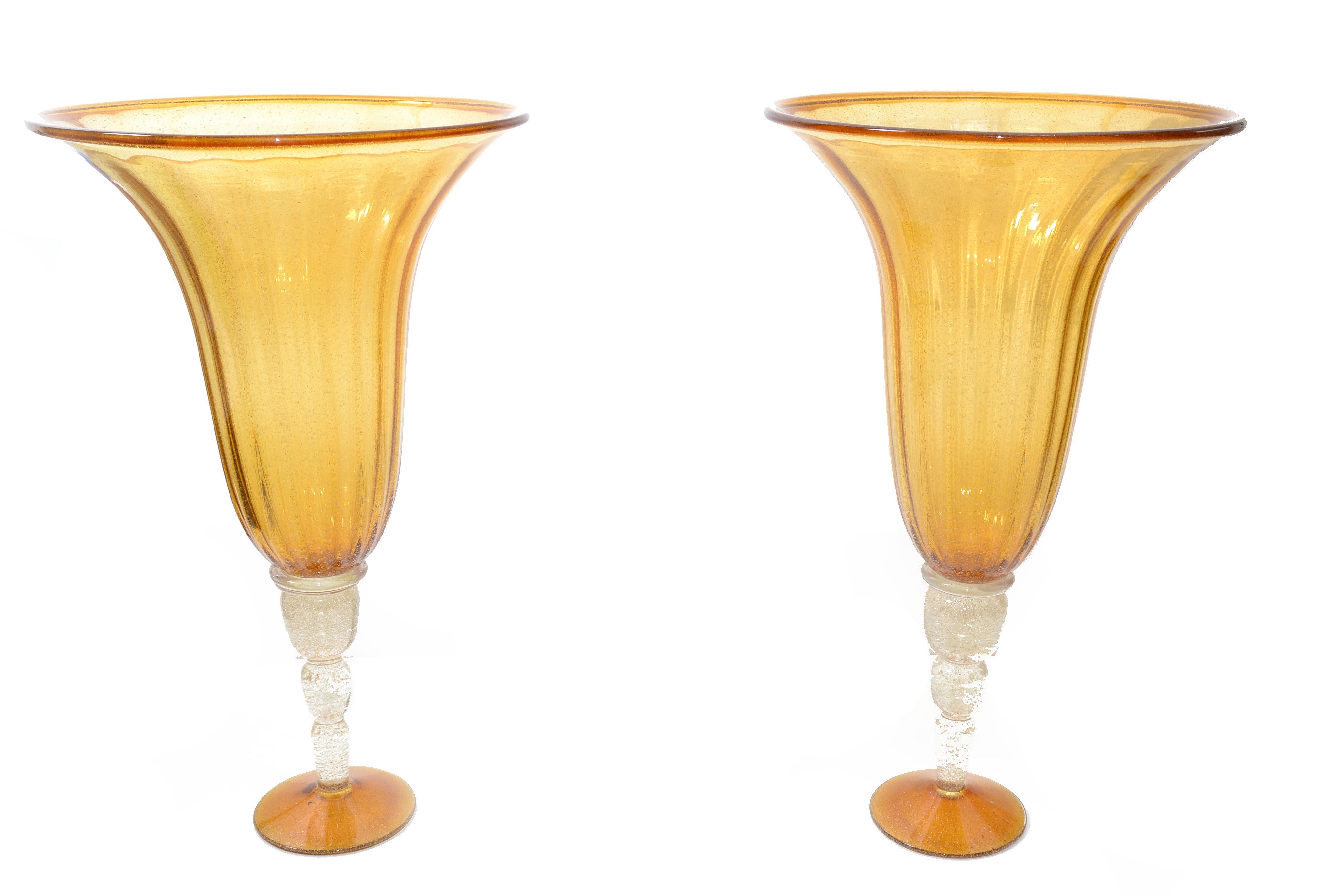 Amber & Clear Infused Gold Dust Venetian Blown Murano Art Glass Flower Vases, 2 3